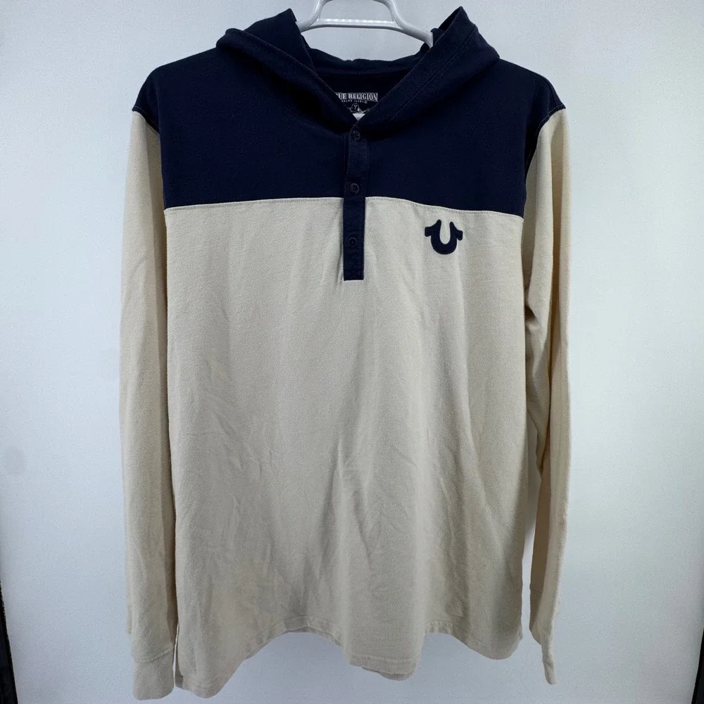 True Religion Henley Hoodie Mens XXXL Navy Cream Colorblock Horseshoe Logo